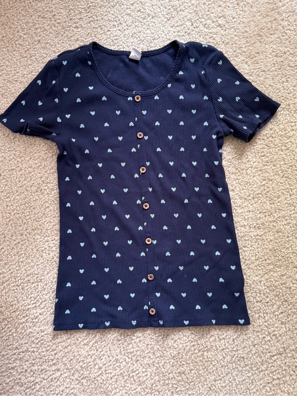 Old Navy Navy Short-Sleeve Button-Front Top with Light Blue Hearts